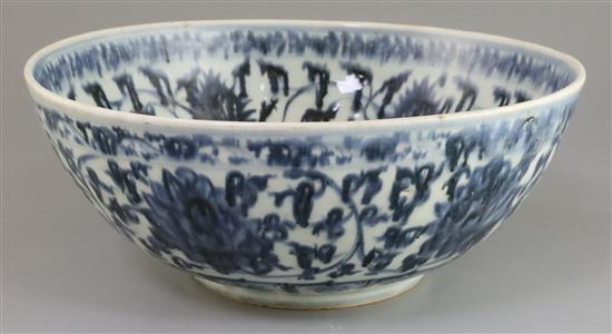 A large Chinese Ming blue and white lotus bowl, late 15th / early 16th century, width 36cm